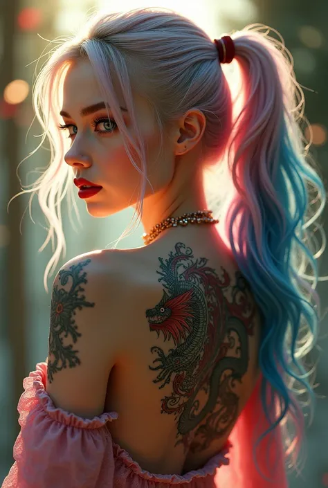 ( top quality ,4K,8 k, high definition ,masterpiece:1.2),ultra- in detail,( ultra-realistic ,  photorealistic , photorealistic :1.37), from behind, beautiful Harley Quinn half hair pink half blue with a complex and colorful dragon tattoo on her back, 20 ye...