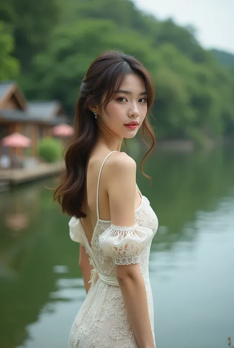 A professional portrait of a beautiful Taiwanese model, view from behind, Alluring eyes.  She had a slightly straight hairstyle, showing luxury and confidence in posture. She wears a paper lace dress.  The lush greenery in the background, along with the tr...