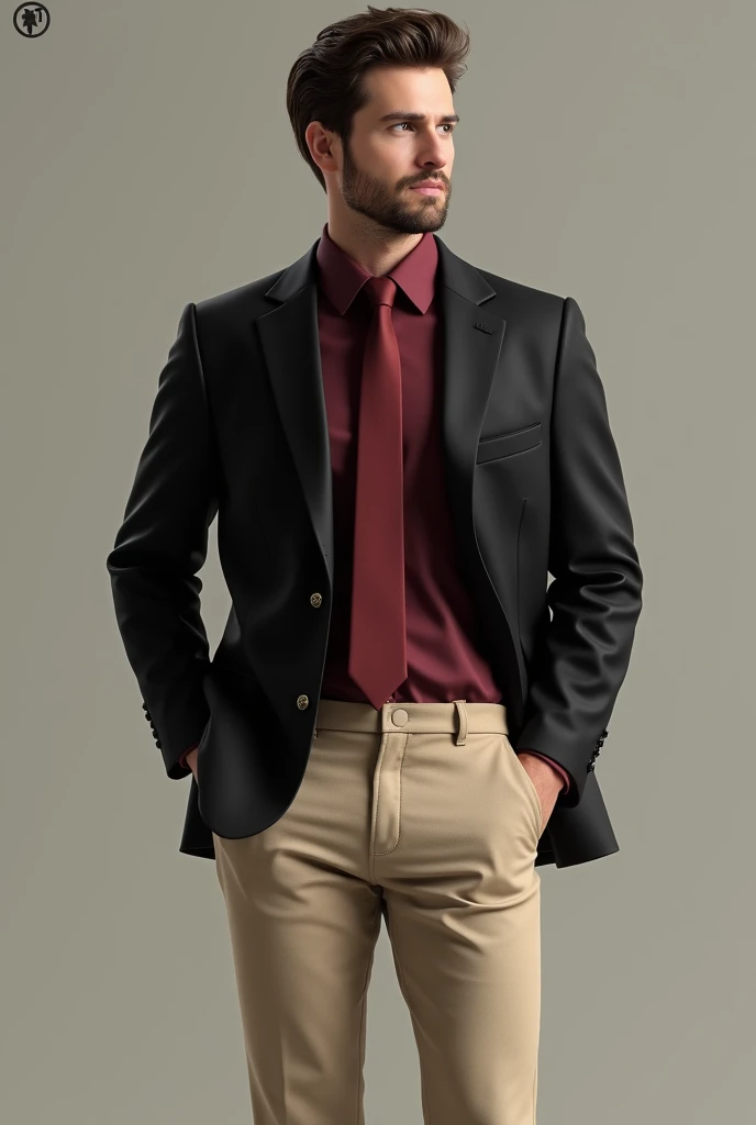 Black jacket with dark red shirt and darker red tie and beige pants