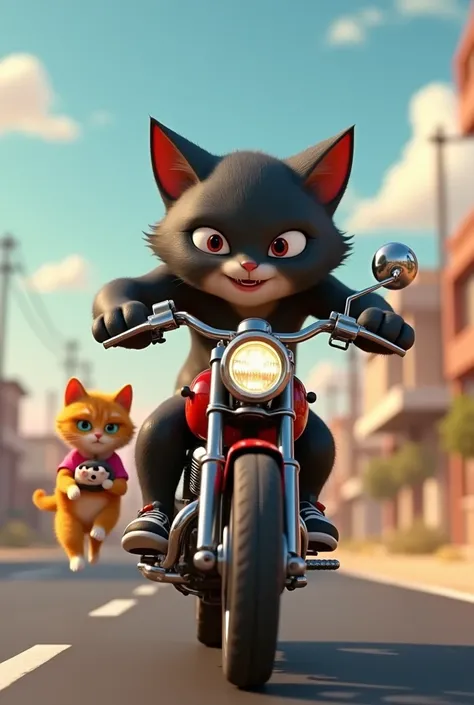 A   dark-skinned bodybuilder  cat runs down the road with a kitten little in his arms, followed by the kitten mother cutest cat on a motorbike, who kills the big cat with a pistol in one hand. And save her kittten 3d animimation cartoon 