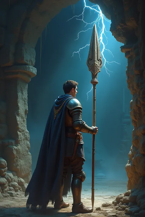 20 year old man facing the door of a dungeon resembling a creepy cave holding an ancient wooden spear with a lightning effect and using knight armor