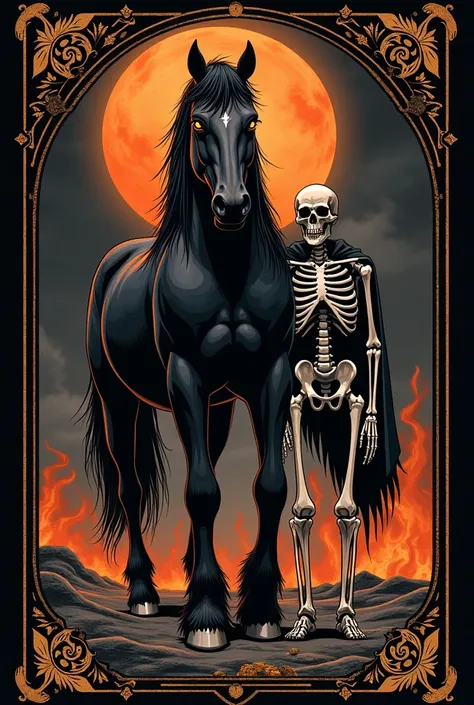 Black card  ( black deck ) with an image of the red underworld with flames on the floor in the background with the image of a horse and next to the horse a skeleton on the right side 