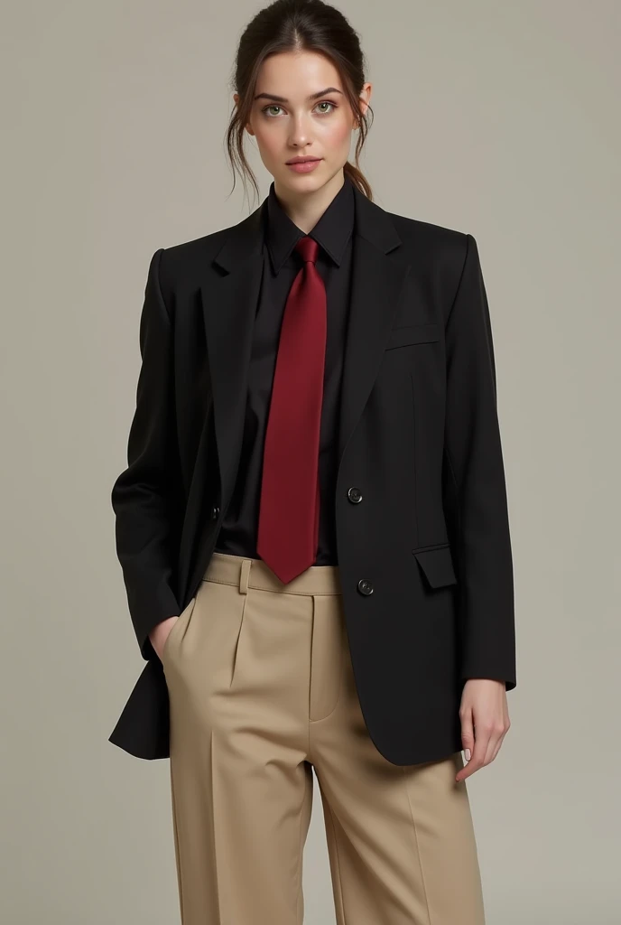 Black jacket with dark red shirt and darker red tie and wide beige pants