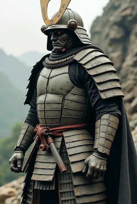 Create a samurai with armor inspired by a rock ,  solid and resistant but realistic to the feudal model used by Japanese warriors 