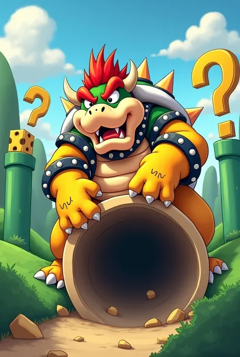 bowser not fitting on a pipe because he is too fat