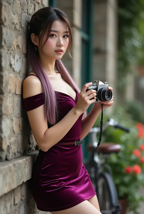  Masterpiece Thai woman long  (Waist-length :1.2) pigtails [Blonde:purple: 3]  hair is charming, delicate, elegant, tight in the )  shown in realistic photorealistic style and source _ real heat. She is leaning against a stone wall, holding a vintage camer...