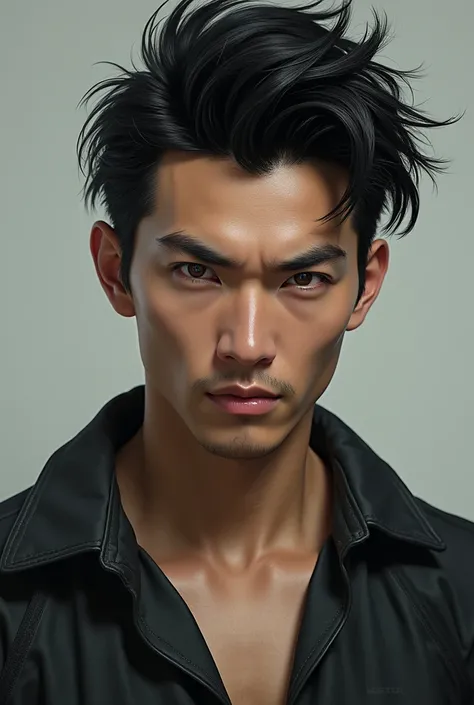  realistic photo , Japanese man, beautiful, square jaw and sculpted nose,  brown eyes , badboy style,  robotic right arm 