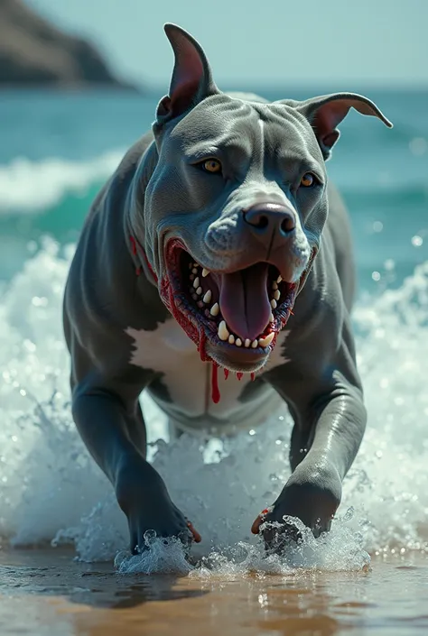 A Pitbull dog entering the sea and being transformed into a bloodthirsty shark lasting 30 seconds 
