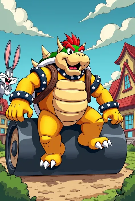 bowser flattened by steamroller in looney tunes style