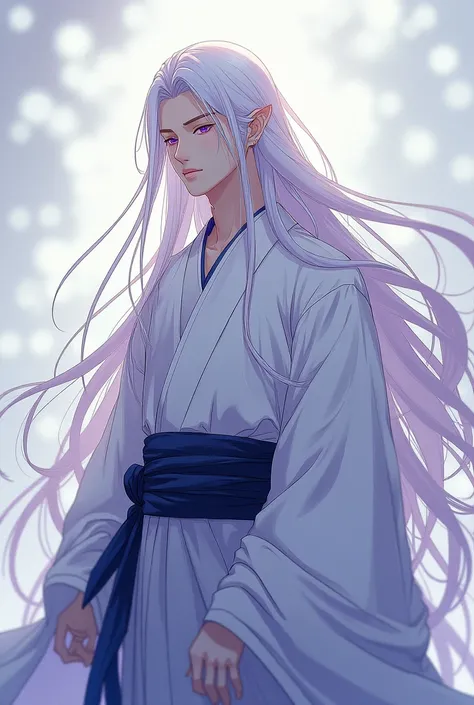 Homem
Manhwa style
Long flowing white hair 
Violet eyes 
Wearing a traditional kimono 
Whole body 
Clear skin
