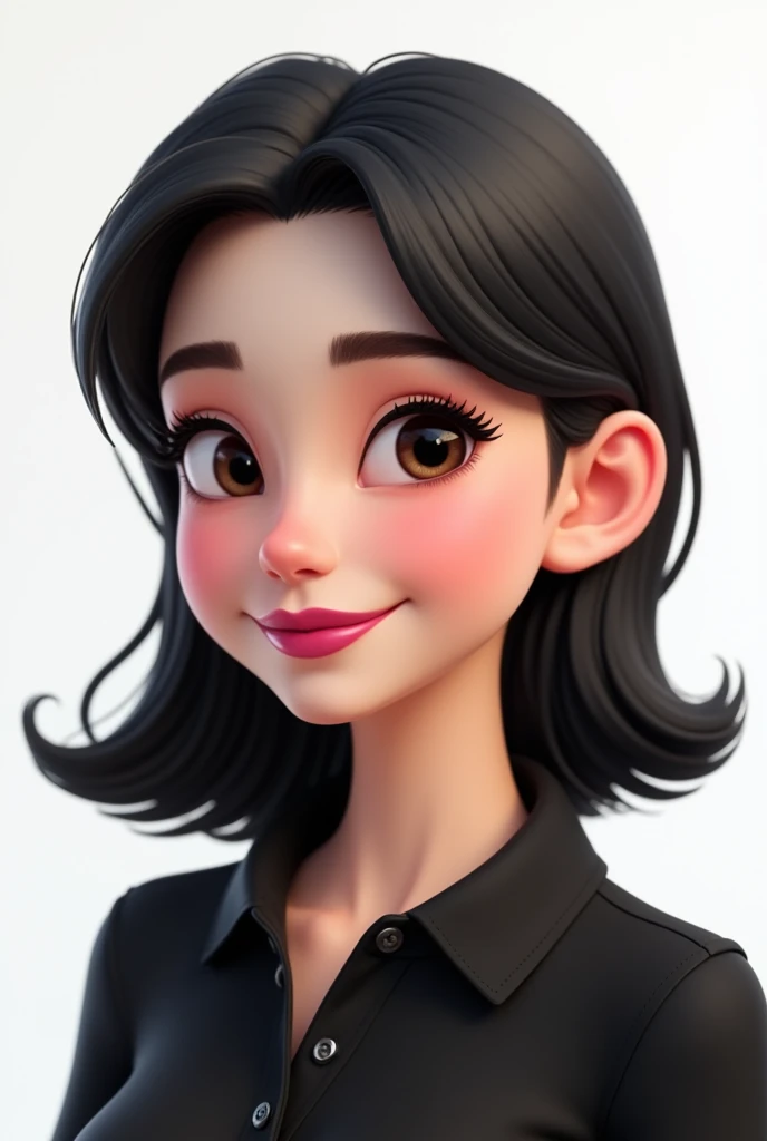  Create a 3D pixar-style portrait image with a clean look and white background , of a 25-year-old woman, with dark pink lipstick ,  basic makeup on the face and eyes , light skin,  dark brown eyes , don&#39;t smile,  medium hair in the color black , middle...