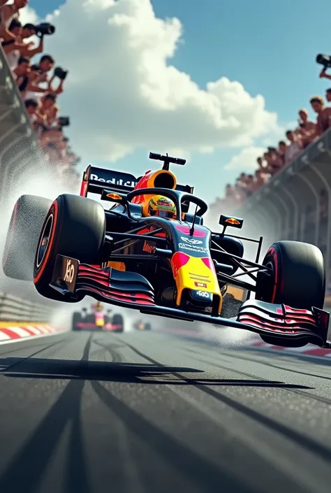 Create a Redbull Racing Formula 1 driver with the car flying above the other with a yellow Brazilian helmet, In the image there must be reporters and cameras 