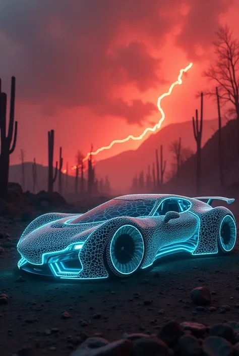 A futuristic car designed entirely from small, intricate leaf stems, with glowing icy blue accents and sharp edges, parked in a post-apocalyptic wasteland under a stormy red sky