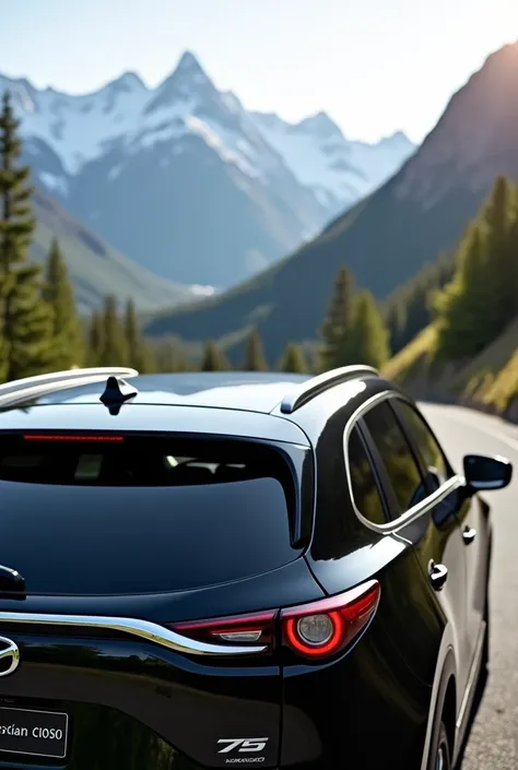 A black Mazda CX-90 SUV with flush roof rails, parked on a scenic mountain road. The focus is on the sleek rooftop, showing the seamless integration of the flush rails against the black paint. Snow-capped peaks and lush greenery fill the background, with s...