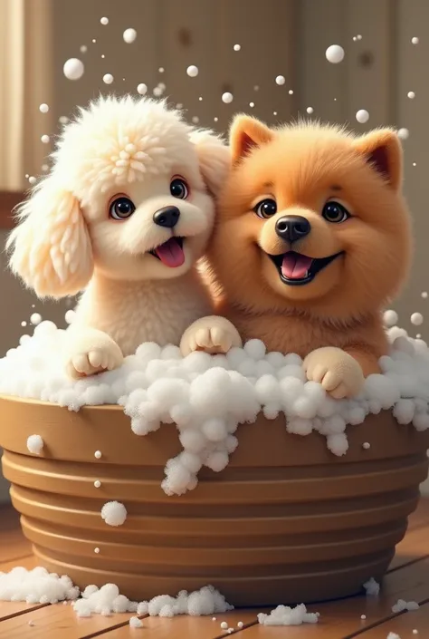 Poodle dog and chow chow bathing with foam in dog grooming, with wooden bottom 