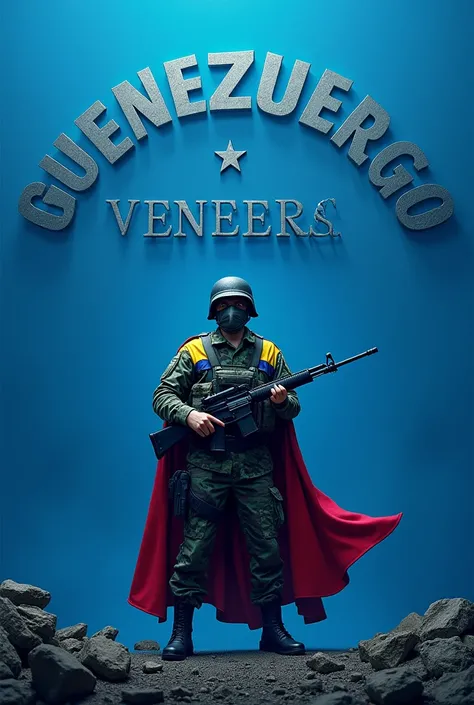 Flayer where the background is blue with an inscription in Spanish that says Official Battle on the top in the shape of a semicircle 3D letters with a drawing of a soldier standing in a camouflaged uniform and a rifle in his hand with a cape that is the fl...