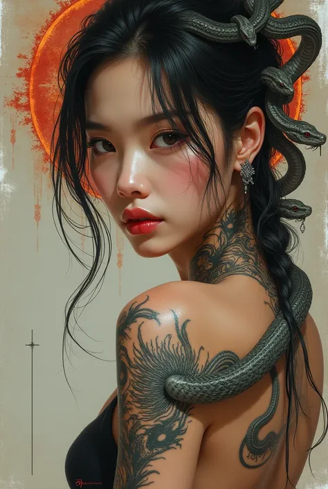 a woman with a dragon tattoo on her shoulder, a soft airbrush artwork, the detailed face of an asian girl, drawn in the style of artgerm, realistic coiled snakes, the artist used a Brilliant “fire-breathing dragon”, an award-winning work of art