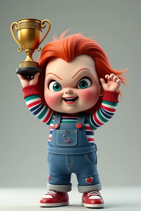 I want to create a 3D mascot of the character Chucky holding a championship cup