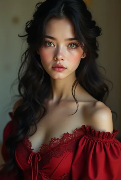 A young woman 16 ,  honey-colored eyes ,  black cabello,  white complexion ,  Victorian-style scarlet dress,  long hair  