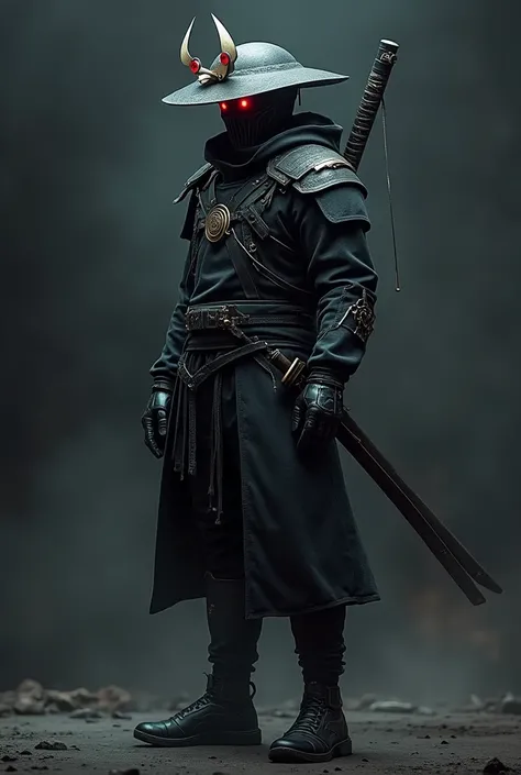 dark background, samurai, katana in hand, wearing techwear, hat, red eyes, left side view, standing straight