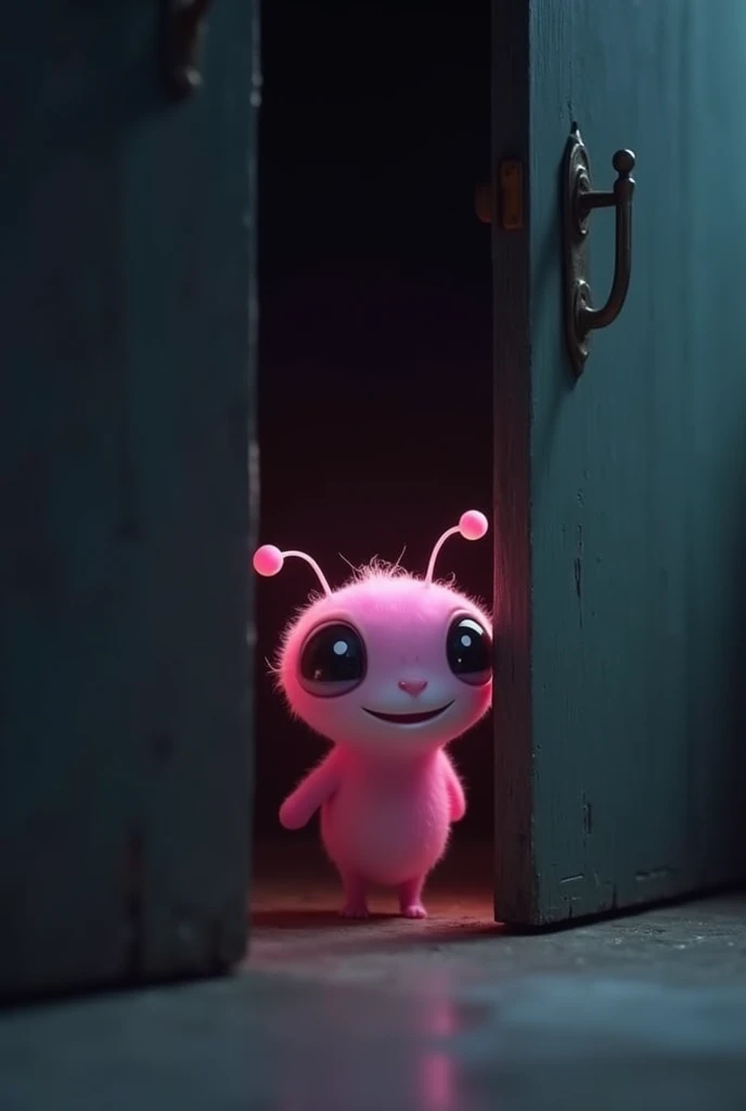 A pink creature with extremely cute little female antennae that comes out of a dark closet. 