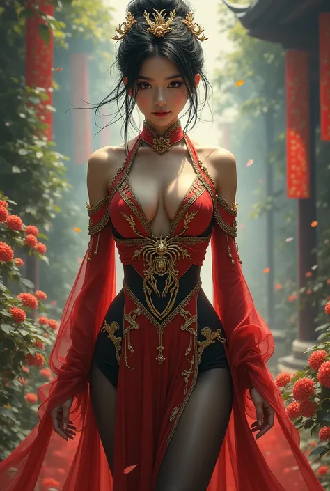 vietnames spider woman, wearing vietnamese traditional style costume, spider logo on costume, big boob, nice body figure
