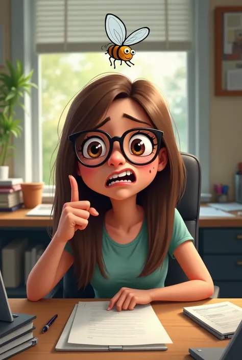 A digital painting in a cartoon style of a woman with long, straight brown hair and brown eyes, wearing glasses and a small mole on her face. Shes sitting at a messy desk, pointing at a cartoon fly hovering in the air above her head. Her expression is one ...