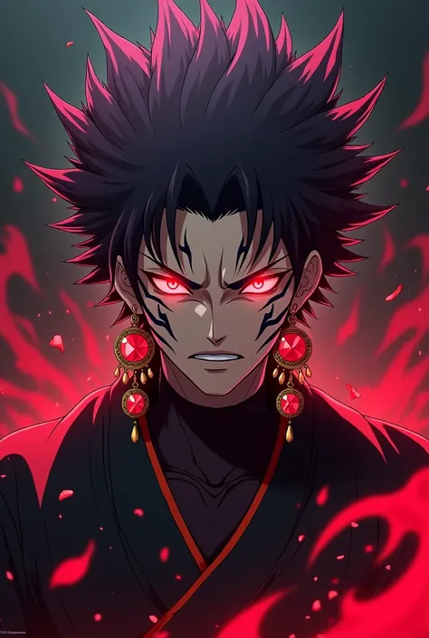 The image showcases an anime character resembling Sukuna from the popular series "Jujutsu Kaisen," depicted with intense and vivid artistic detail, featuring sharply defined facial features that include a stern, almost menacing expression, emphasized by hi...