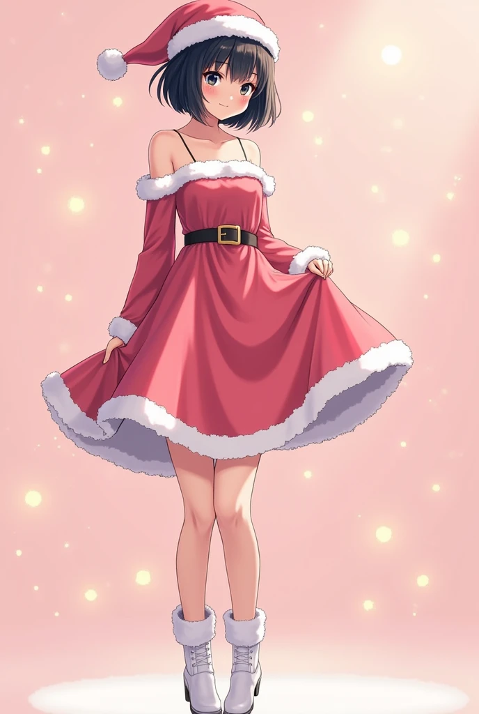 Mikasa Ackerman sexy adult anime woman smiling black eyes short black hair loose pink and white Santa Claus dress full body white boots anime style light pink background with gold lights 