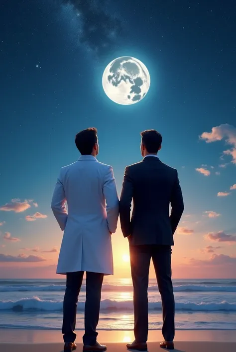 Two boys , One is a doctor wearing doctor court and other one is a Company boss wearing full black kit , the hands of both are in their pants side pockets , Both look up to that stary night sky near the beach , Full moon is their in the sky , colourful and...