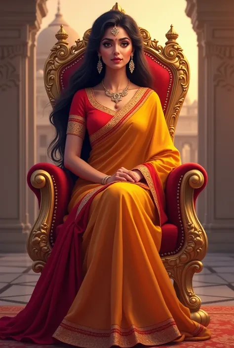 Ek 35 saal ki khoobsurat aur confident mahila, jo ek raani ke roop mein throne par baithi hui hai, vector style mein. Uske lambe, kaale baal hain aur uska chehra ek shahi aur graceful expression dikhata hai. Woh ek sundar, traditional saree pehene hui hai,...