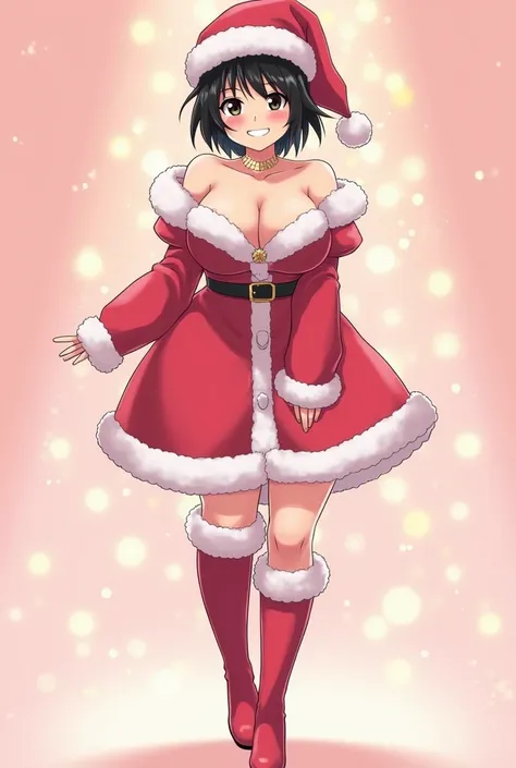 Mikasa Ackerman sexy voluptuous adult woman anime smiling black eyes short black loose hair Santa Claus dress Pink and white long pink boots standing full body anime style light pink background with gold lights 