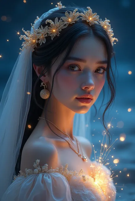 Best Quality, masuter piece, 超A high resolution, (Photorealistic:1.4), Raw photo, Professional Lighting, high-level image quality, high-detail, ​masterpiece、sparklers、nigh sky girl name is Tehreem