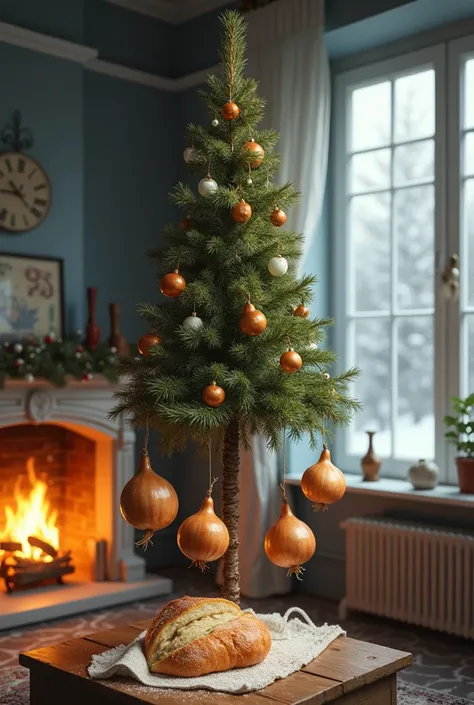  A Christmas tree hanging from which bread , whole onions hanging by their stems and hearts,  against a background of a living room with a fireplace and a window where you can see snow fall