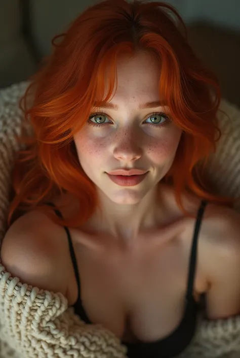  Red-haired teenager, sexy,  green eyes, sensual gesture, cara angelical, freckled,  beautiful body, pose sensual, on a couch 