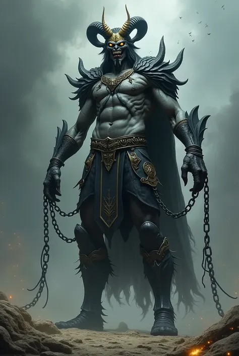 Ok. He would be a being of 2 , 50 tall ,  gray skin with some cracks ,  a yellow and black crown , short dark hair covering the eyes,  dark horns on the side of the head ,  shadows made by Hades to cover his yellow eyes ,  because anyone who looks at ,  wi...