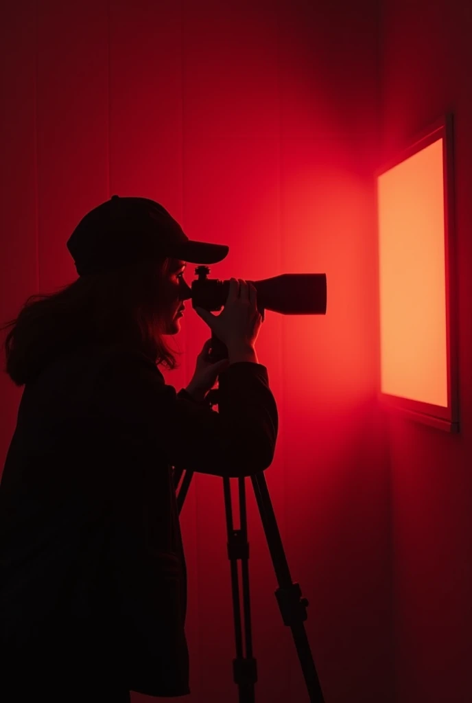 a detective pointing her scope at the screen the scene has a red tone