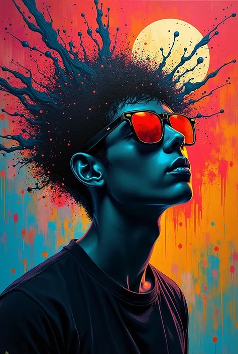 Japanese painting, abstract painting, splash art, vibrant colors, dark painting, psychedelic, dark overthinking blowing head with sunglasses 