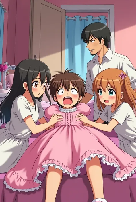 An anime boy with short brown hair forced to wear pink princess dress by his two sisters, they are holding him down to the bed. He is crying and tears are rolling down his face. They are in a s pink bedroom. His dad is looking through the door in disappoin...