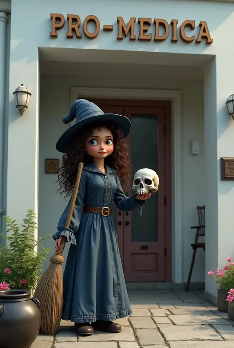 Disney pixar themed Dainty White woman with dark brown curly wavy locks hair as a witch with the witch cap and a broom, this girl is standing over the witchers cauldron, she is holding a skull in hand, she is next to the hospitals named "PRO-Medica" main e...