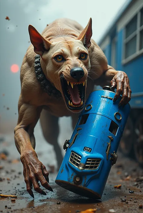 an aggressive and rabid hairless bloodhound , aggressive and rabid throwing away a blue train