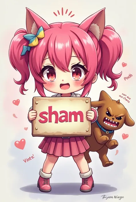 a vert kawaii anime girl pink with the text "SHAM" on a pancarte. a dog attached behind (enraged dog) with the pancarte "non aux charos"