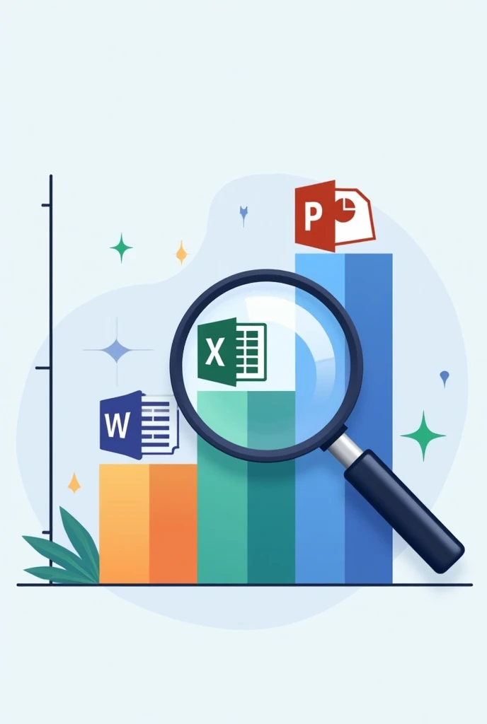 A MAGNIFYING BAR CHART WITH WORD ,  EXCEL AND POWER POINT ICONS IN THE BACKGROUND MEASURING 160 X 600 PX