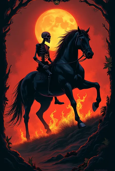 Black card  ( black deck ) with an image of the red underworld with flames in the background with the image of a horse and next to the horse a skeleton on the right side that has no moon that is pure flames 