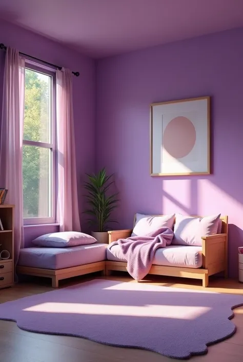 A bedroom having 4 walls. One side is having deep purple color other three sides have light purple color. The bed, bookshelf and sofa are of wood color. 4 sides of the walls are sighted clearly.