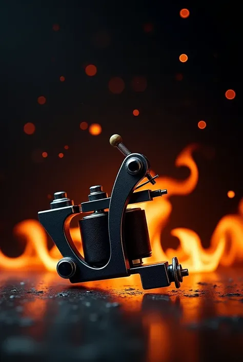 TATTOO MACHINE WITH BLACK BACKGROUND AND FIRE AROUND