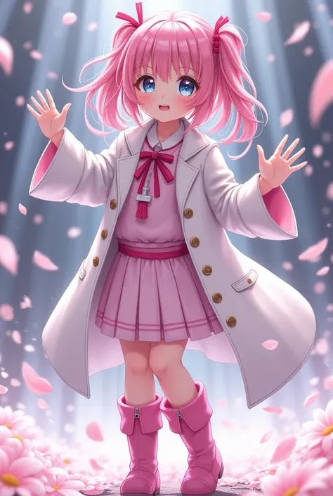 Transformation cute girl 、 scene where one girl becomes a magical girl with the help science、 smaller, fine white petals falling like heavy rain 、 clothes designed with Tiffany on white coat 、hot pink leather boots 、 waving vigorously with both hands 、 Dyn...