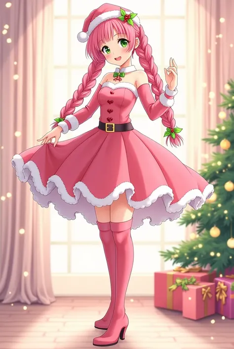  Mitsuri Kanroji beautiful anime woman smiling green eyes pink hair medium green tips gathered in braids Santa Claus dress pink and white long pink boots, standing full body anime style light pink background with golden lights and a beautifully decorated C...