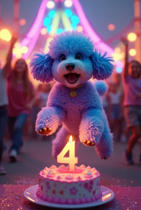 A colorful poodle puppy, in shades of blue, purple, and pink, is celebrating its birthday. The puppy is in an amusement park setting, with a roller coaster glowing with colorful lights in the background. In front of the puppy is a beautiful and appetizing ...