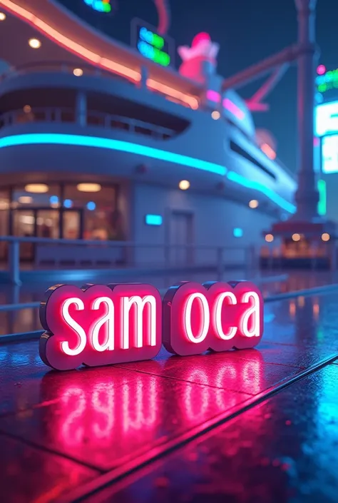 With the word Sam Oca  in Deck 7  in neon lights, high-tech cruise in the background. Rainbow. By: Sam Oca 